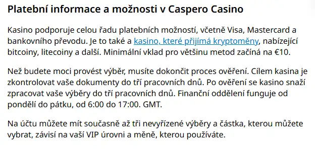 Caspero platby: vklady, měny a platební metody