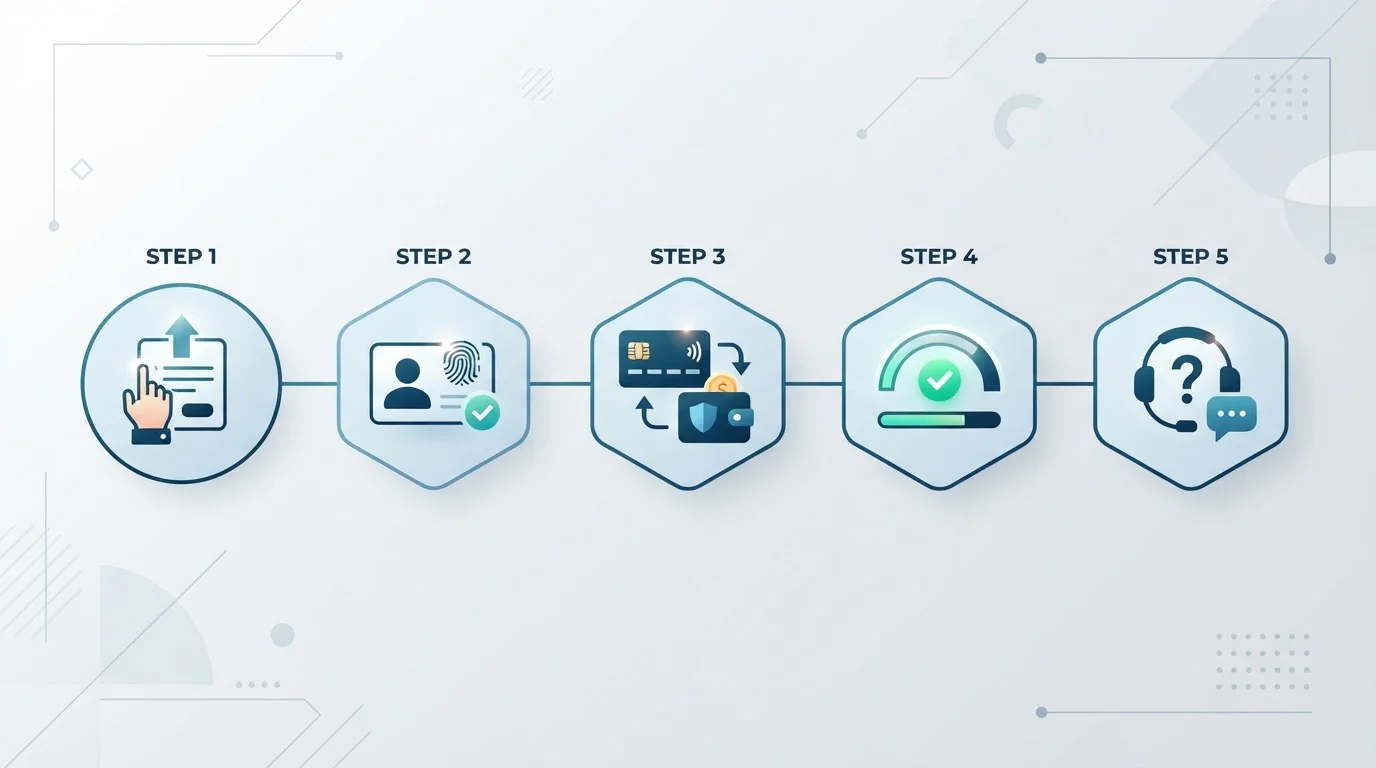 Informační schéma procesu výběru od žádosti přes KYC a platební metodu ke stavu a podpoře