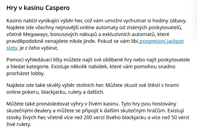Caspero hry: sloty, stolní hry, live casino a sportsbook