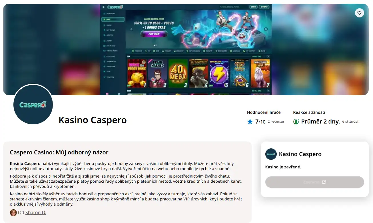 Profil Caspero na AskGamblers se stavem Closed
